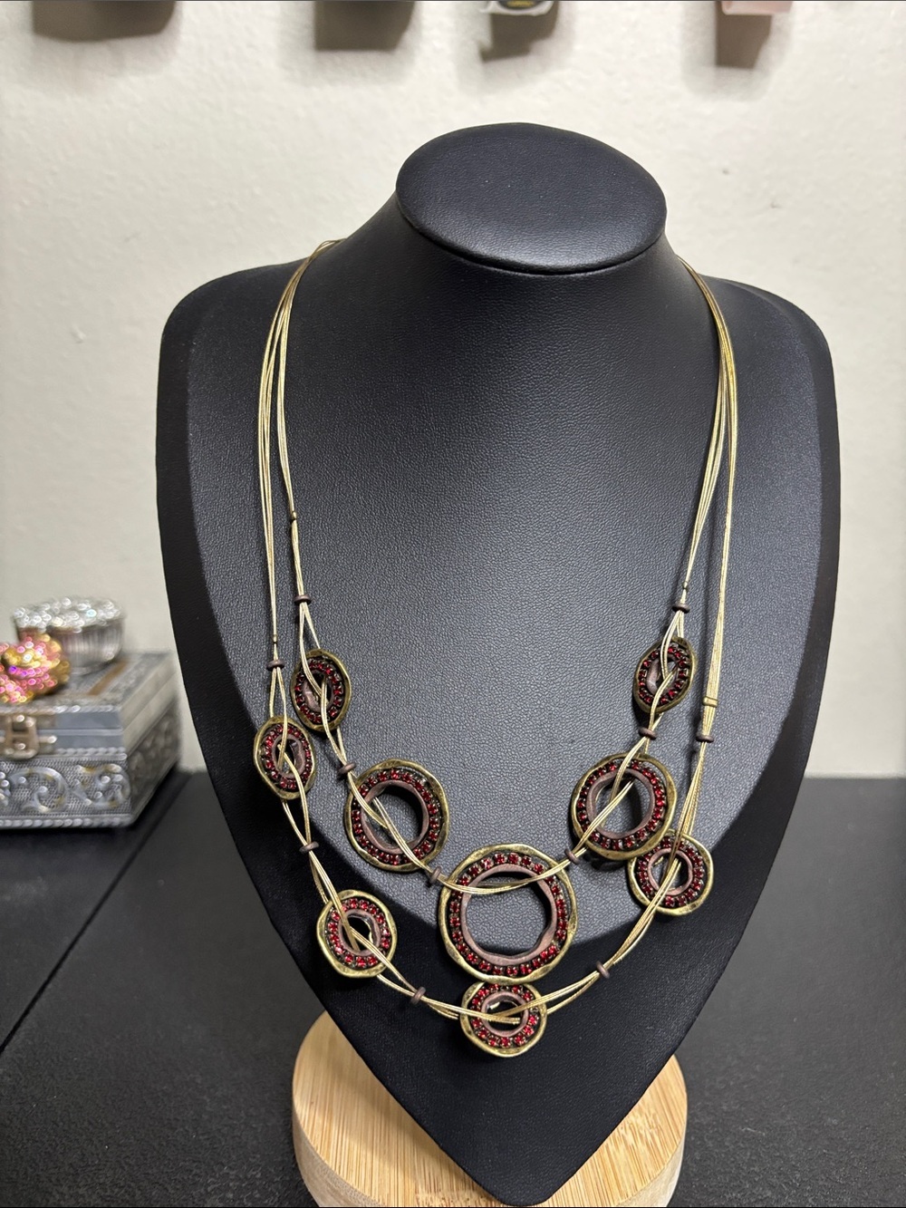 Coldwater Creek Multi-Ring Gold Tone and Burgundy Statement Necklace